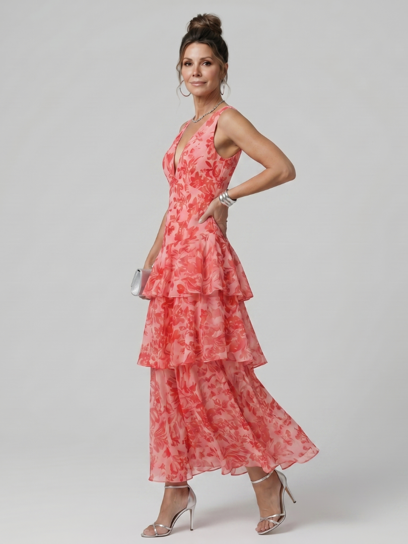 Gala™ | Deep V Sleeveless Painterly Pattern Midi Dress