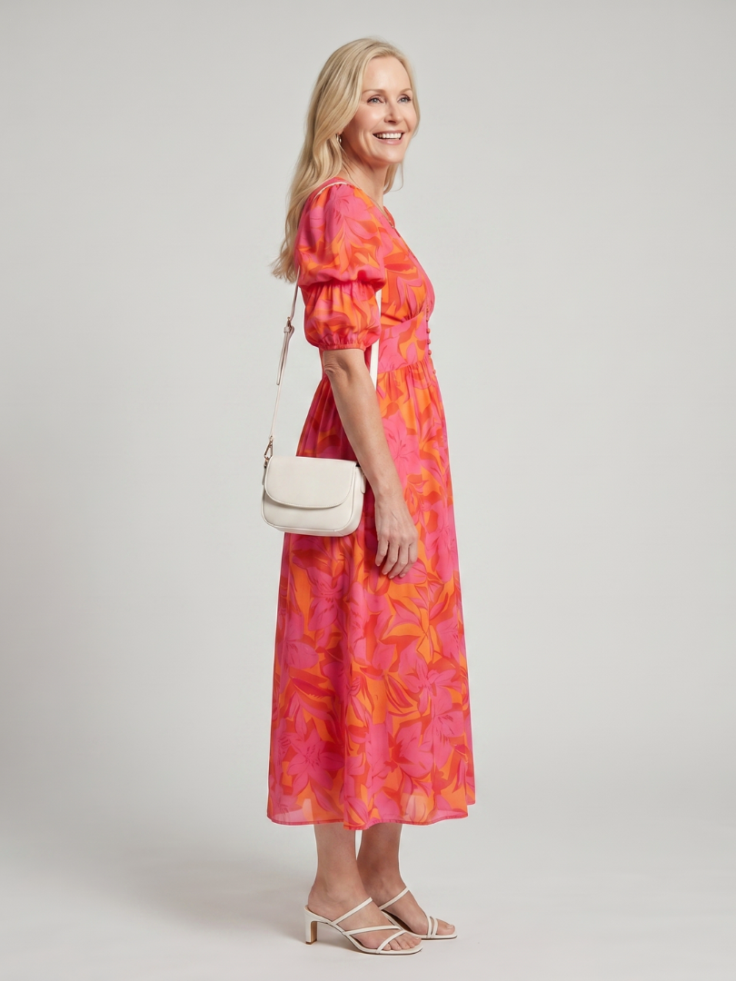 Zarelle™ | Puff Sleeve V Neck Bold Floral Print Midi Dress