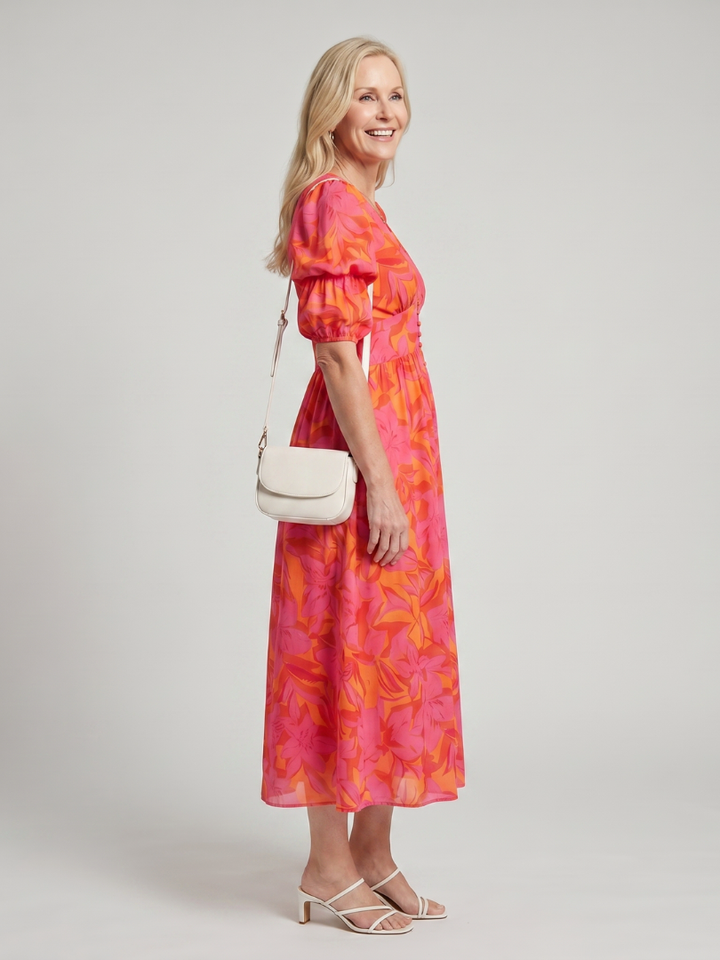 Zarelle™ | Puff Sleeve V Neck Bold Floral Print Midi Dress