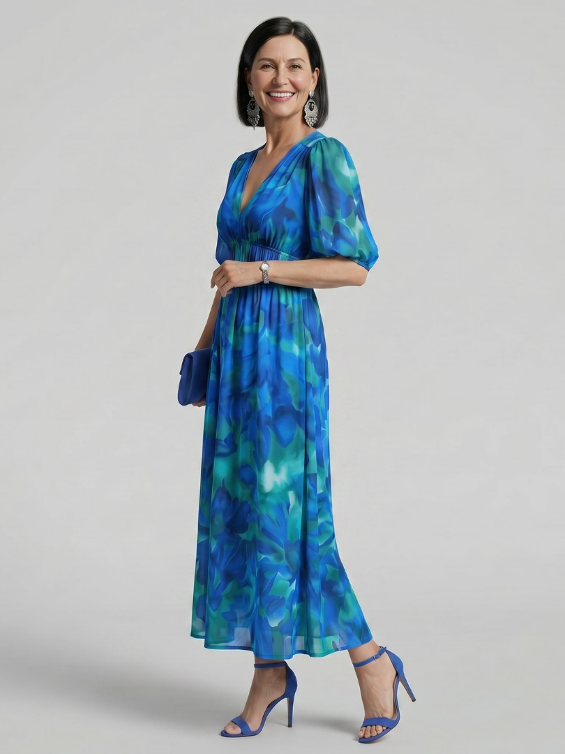Candlia™ | Puff Sleeve V Neck Abstract Print Midi Dress