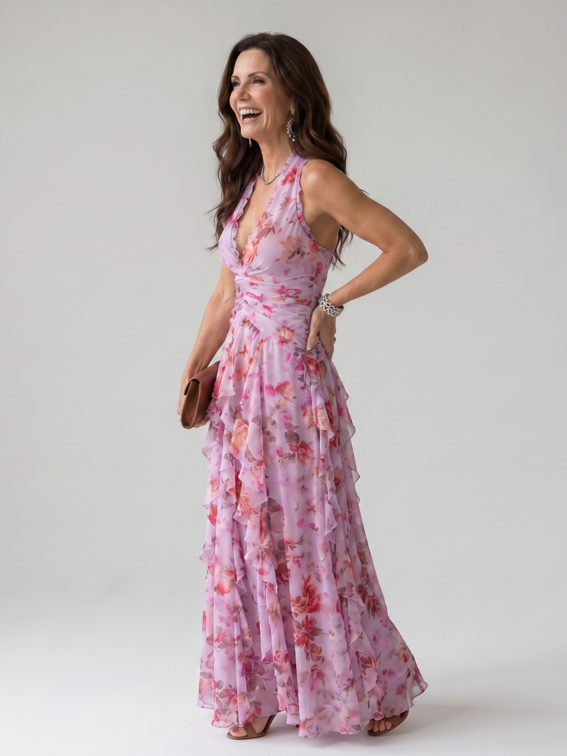 Nori™ | Halter Neck Ruched Bodice Floral Maxi Dress