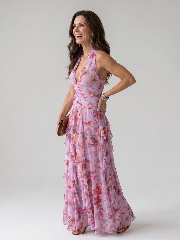 Nori™ | Halter Neck Ruched Bodice Floral Maxi Dress