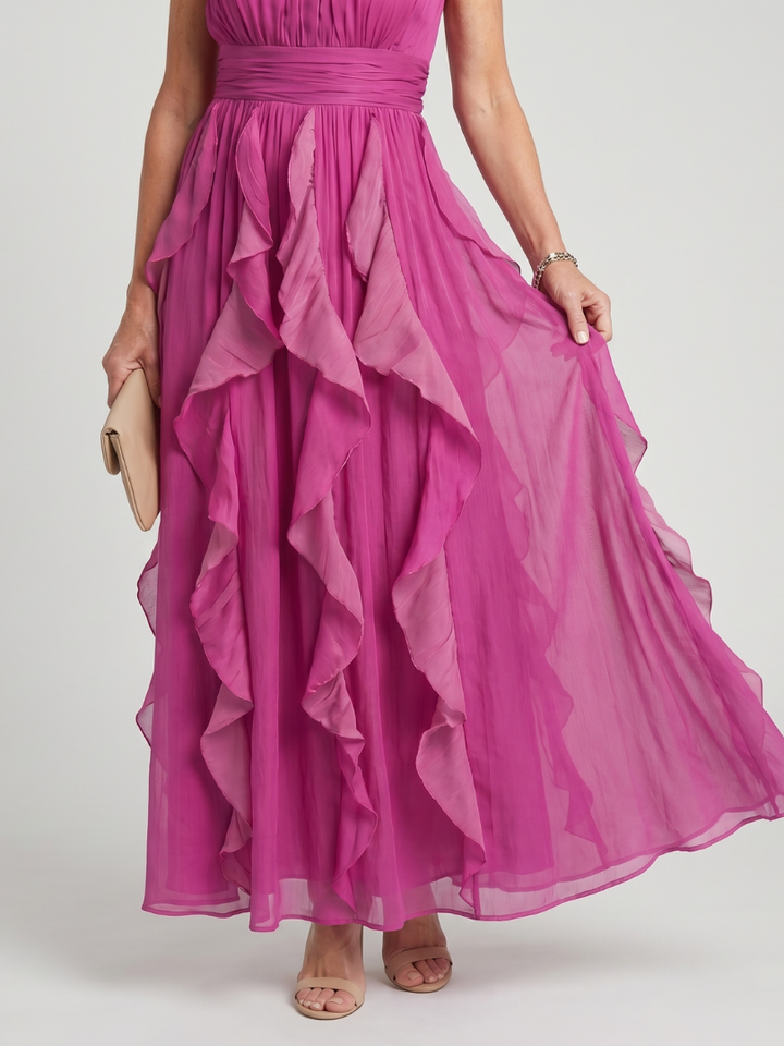 Orea™ | High Neck Gathered Ruffle Layers Maxi Dress