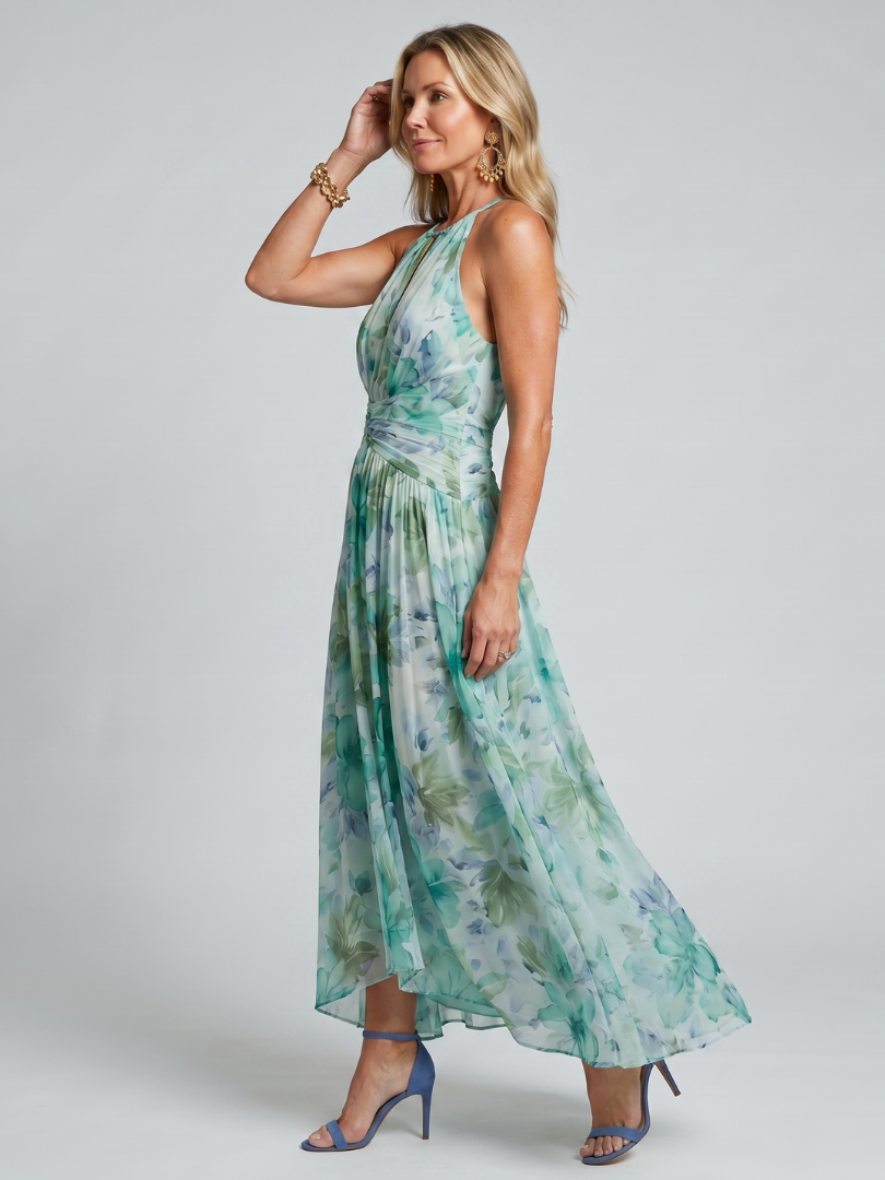 Portia™ | Pleated Halter Soft Floral Pattern Midi Dress