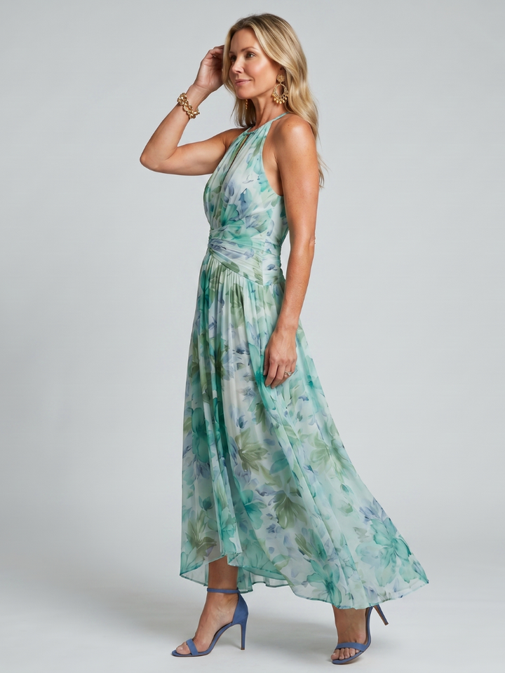 Portia™ | Pleated Halter Soft Floral Pattern Midi Dress