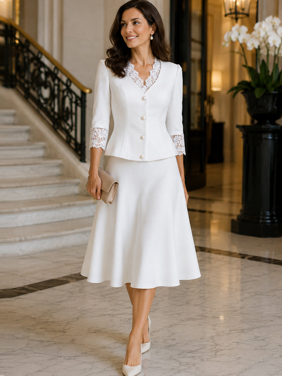 Lace Trim V-Neck Pearl Button  Blazer &amp; Flared Midi Skirt Two-Piece Suit