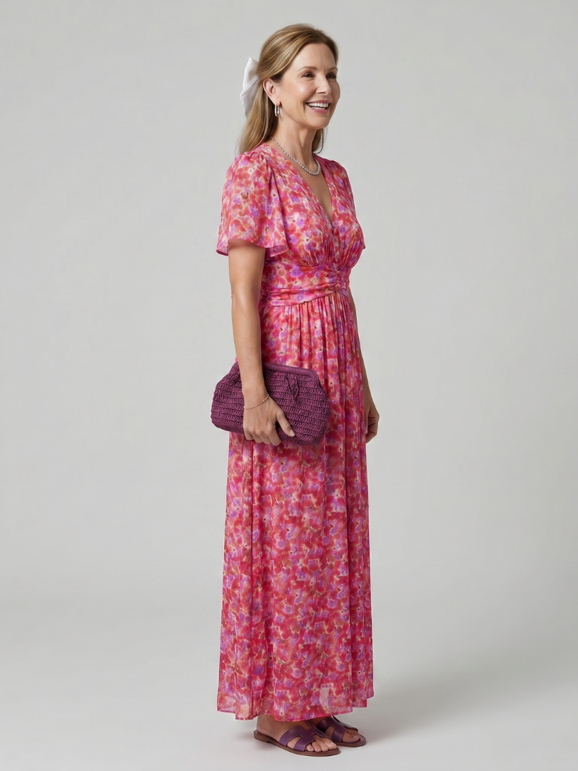 Cynthia™ | Short Sleeve Ditsy Floral Print Midi Dress