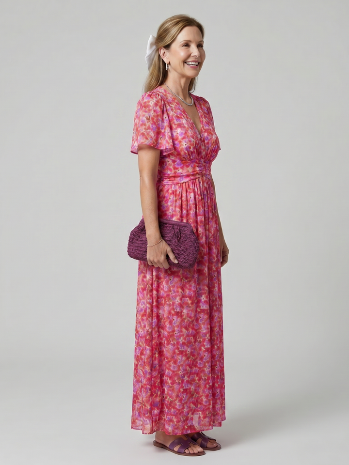 Cynthia™ | Short Sleeve Ditsy Floral Print Midi Dress