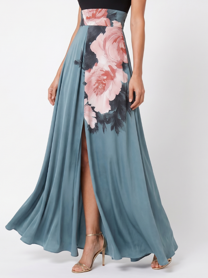 Olympas™ | Halter Bodice Floral Skirt Maxi Dress