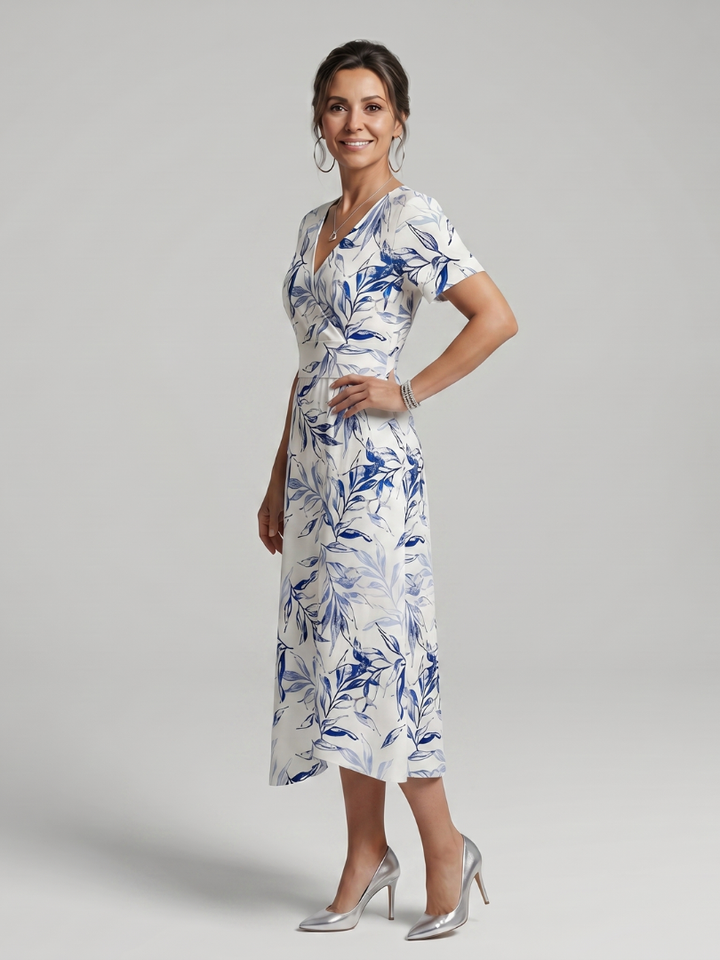 Kael™ | V Neck Soft Botanical Print Midi Dress