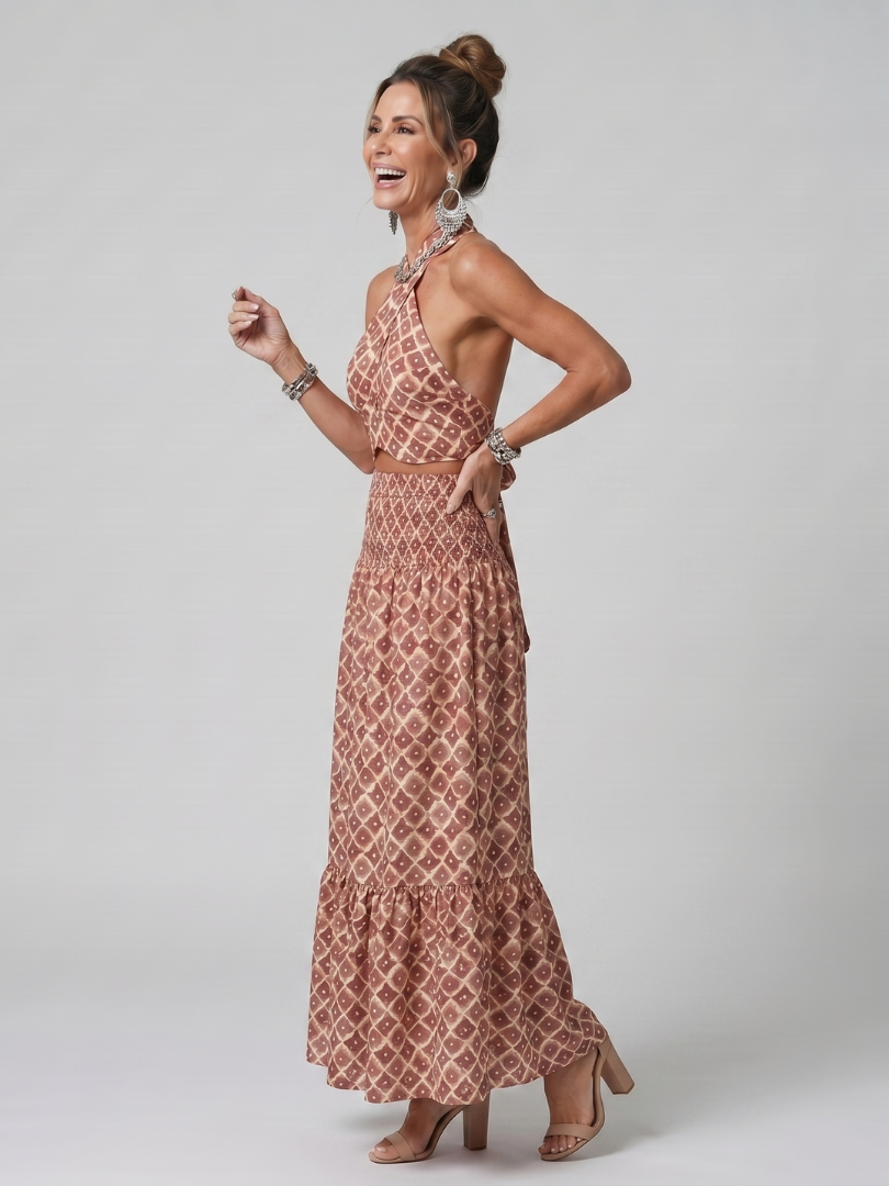 Amira™ | Cross Halter Geometric Print Cutout Midi Dress