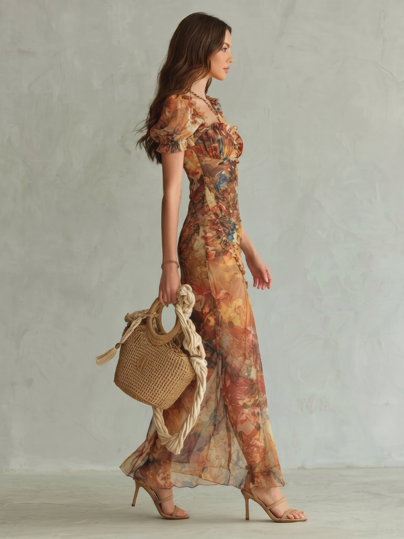 Ciel™ | Ruffled Sleeve Ruched Slit Midi Dress