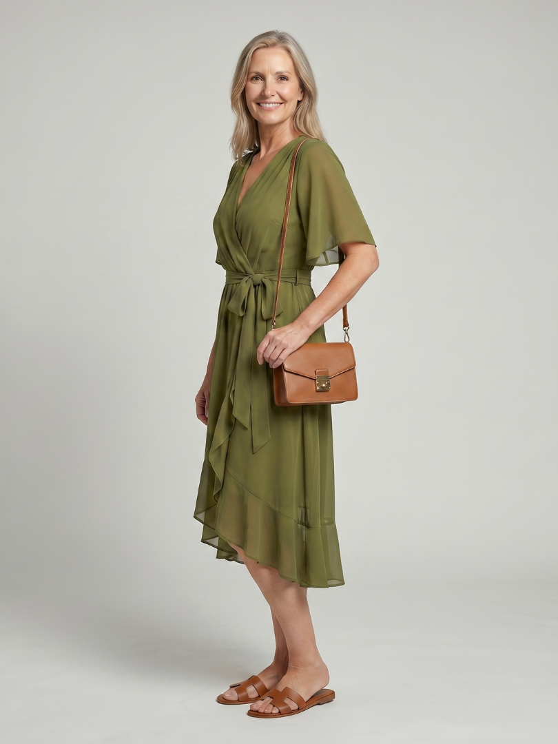 Keziah™ | Short Sleeve Wrap Soft Flowing Hem Midi Dress