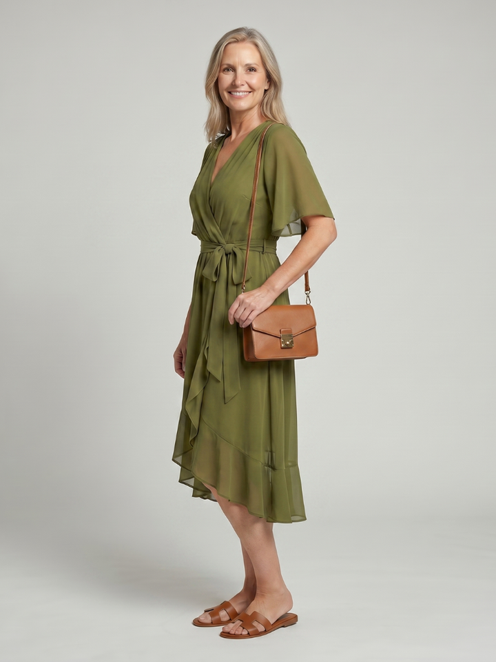 Keziah™ | Short Sleeve Wrap Soft Flowing Hem Midi Dress