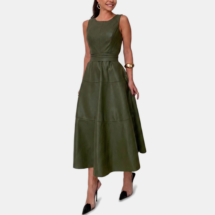 Faux Leather Belted Midi Dress