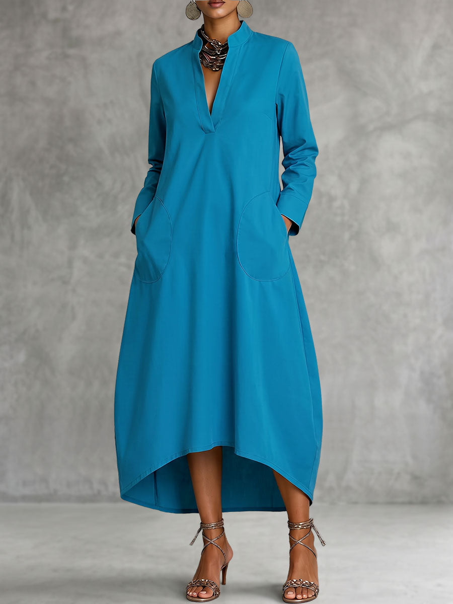 V-Neck Pocket Midi Dress