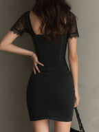 Retro Black Denim Sweetheart Neck Corset Ruched Mini Dress With Lace Sleeves
