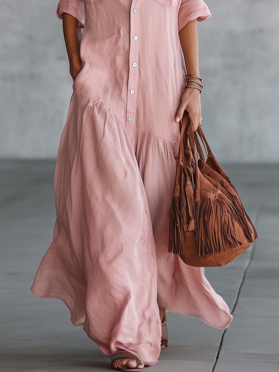 Casual Retro Western V-neck Front Button Short Sleeve Pink Cotton Linen Shirt Maxi Dress