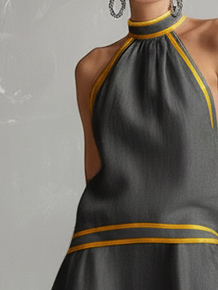 Elegant Color-Block Trim Orange Cotton-Linen Halter Sleeveless Mini Dress