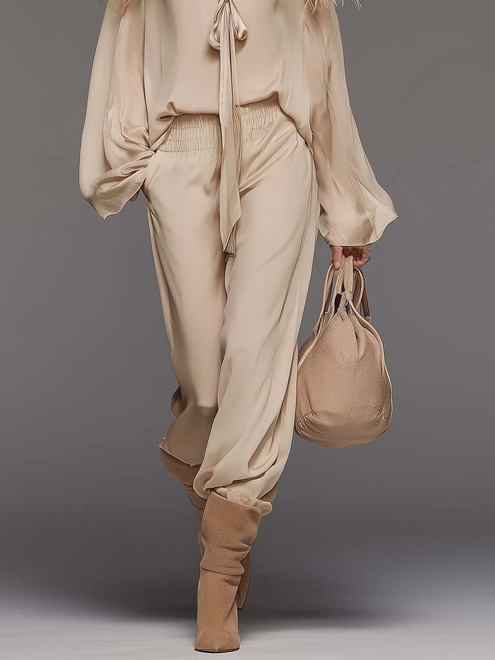 Beige Chiffon Blouse &amp; Pants Set