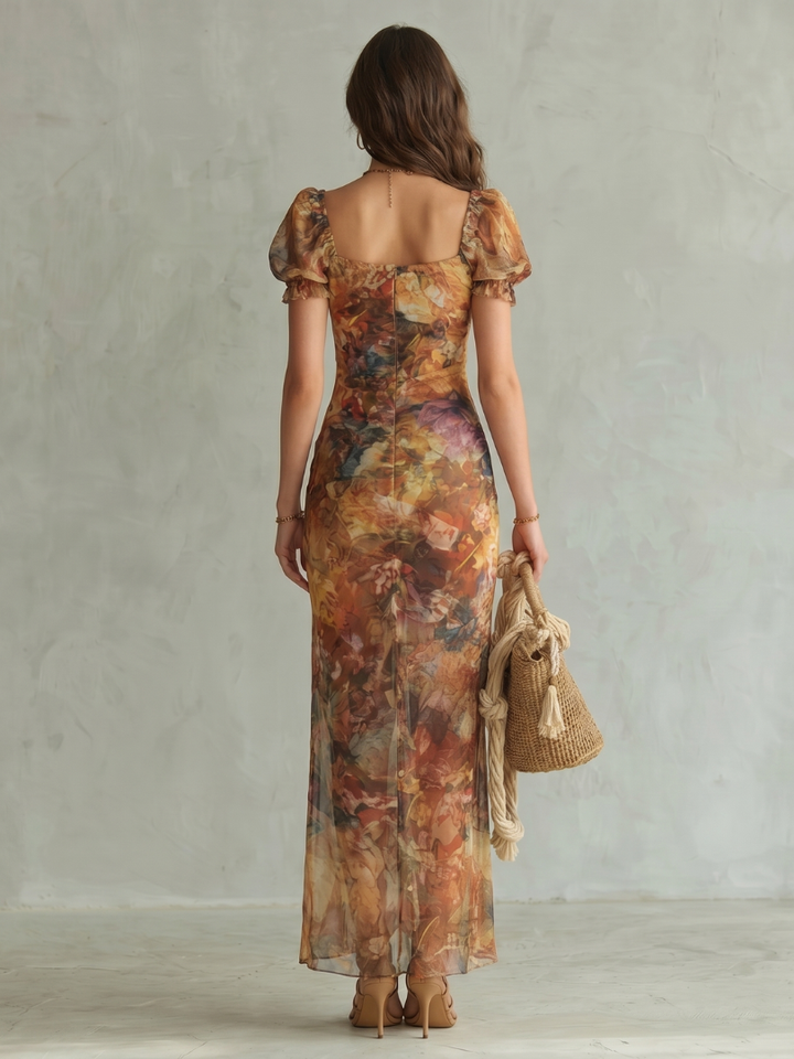 Ciel™ | Ruffled Sleeve Ruched Slit Midi Dress