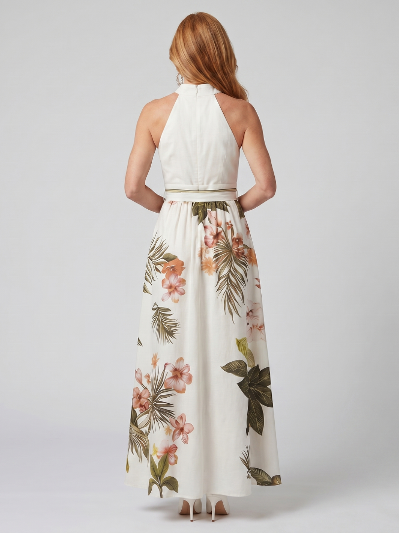 Meadow™ | Draped Halter Botanical Panel Maxi Dress