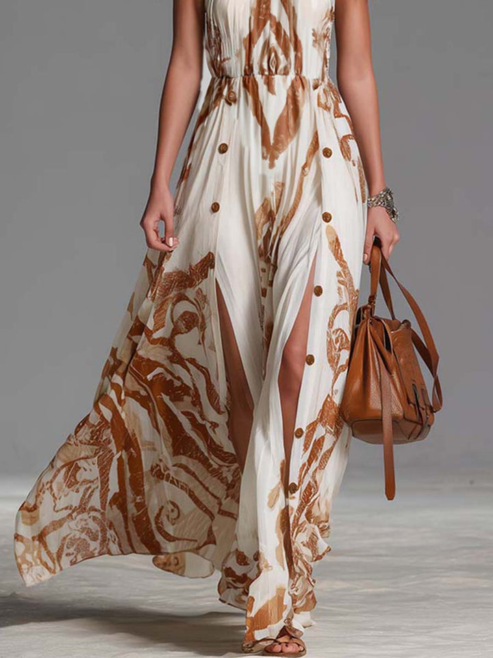 Vintage Bohemia Halter Neck Brown Western Print Off White Chiffon Split Maxi Dress