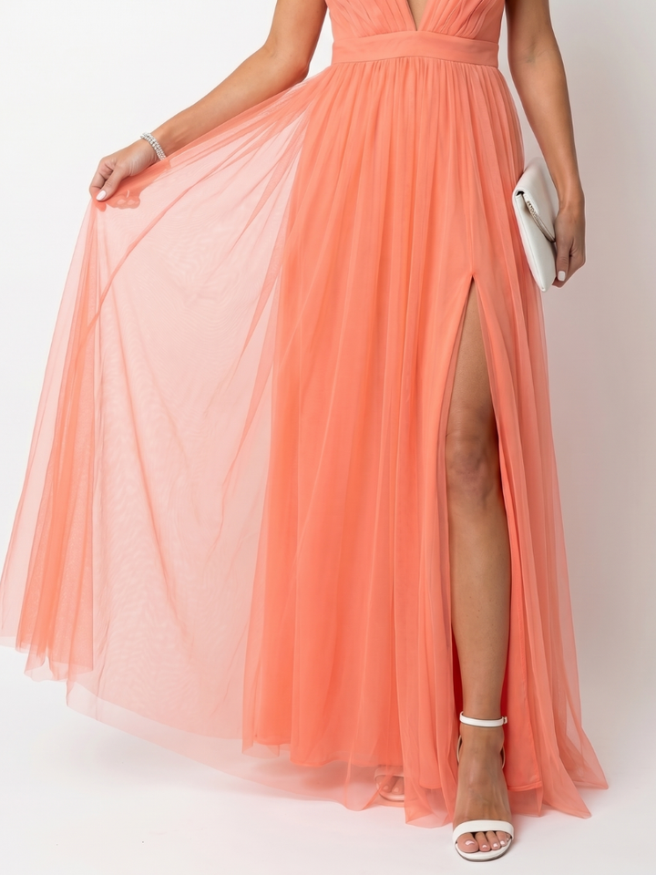 Tia™ | Deep V Strap Pleated Maxi Dress