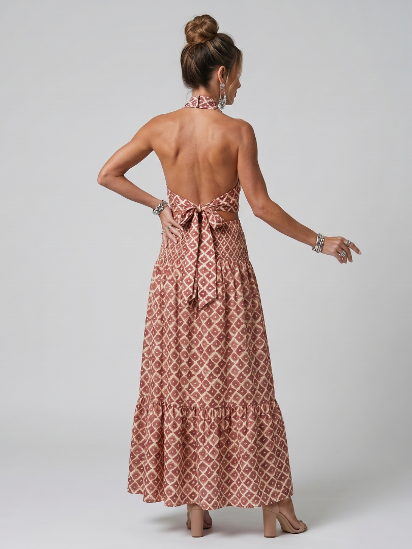 Amira™ | Cross Halter Geometric Print Cutout Midi Dress