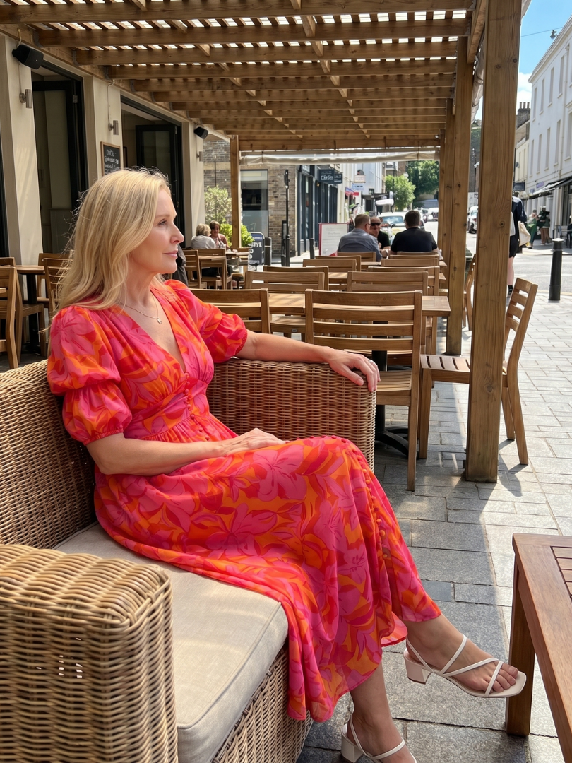Zarelle™ | Puff Sleeve V Neck Bold Floral Print Midi Dress