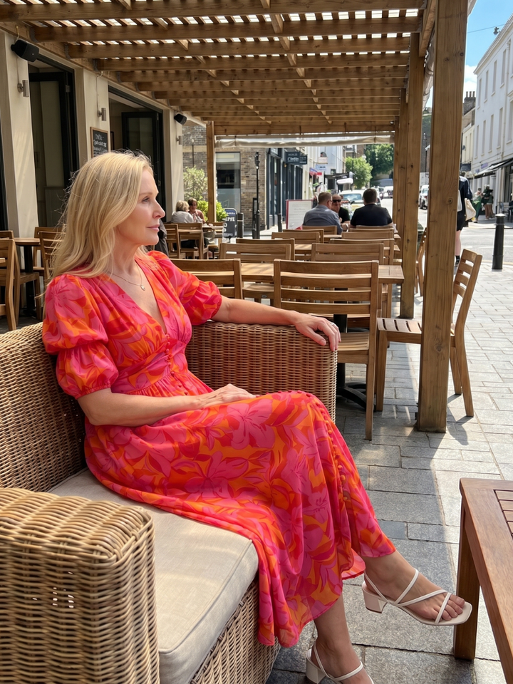 Zarelle™ | Puff Sleeve V Neck Bold Floral Print Midi Dress