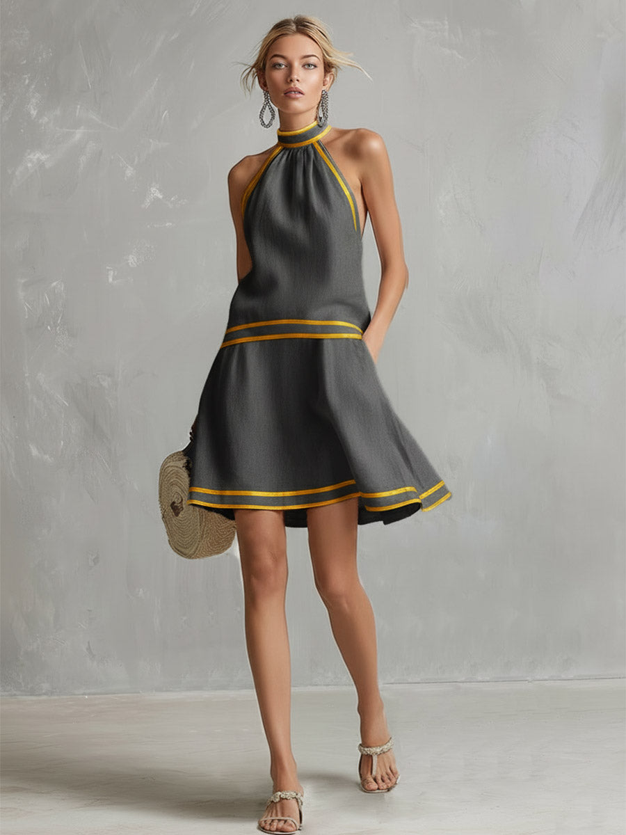 Elegant Color-Block Trim Orange Cotton-Linen Halter Sleeveless Mini Dress