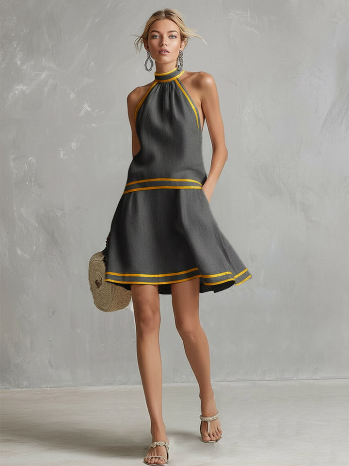 Elegant Color-Block Trim Orange Cotton-Linen Halter Sleeveless Mini Dress