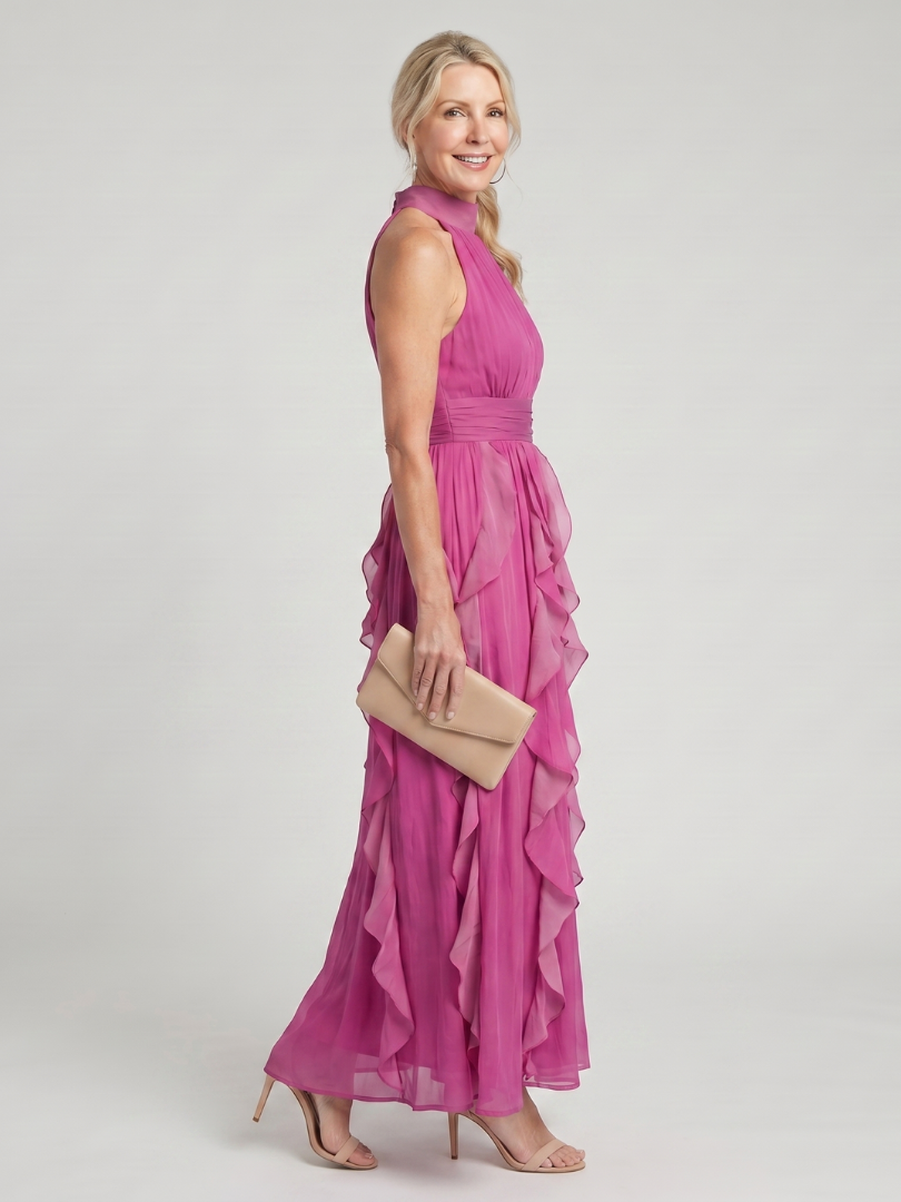 Orea™ | High Neck Gathered Ruffle Layers Maxi Dress