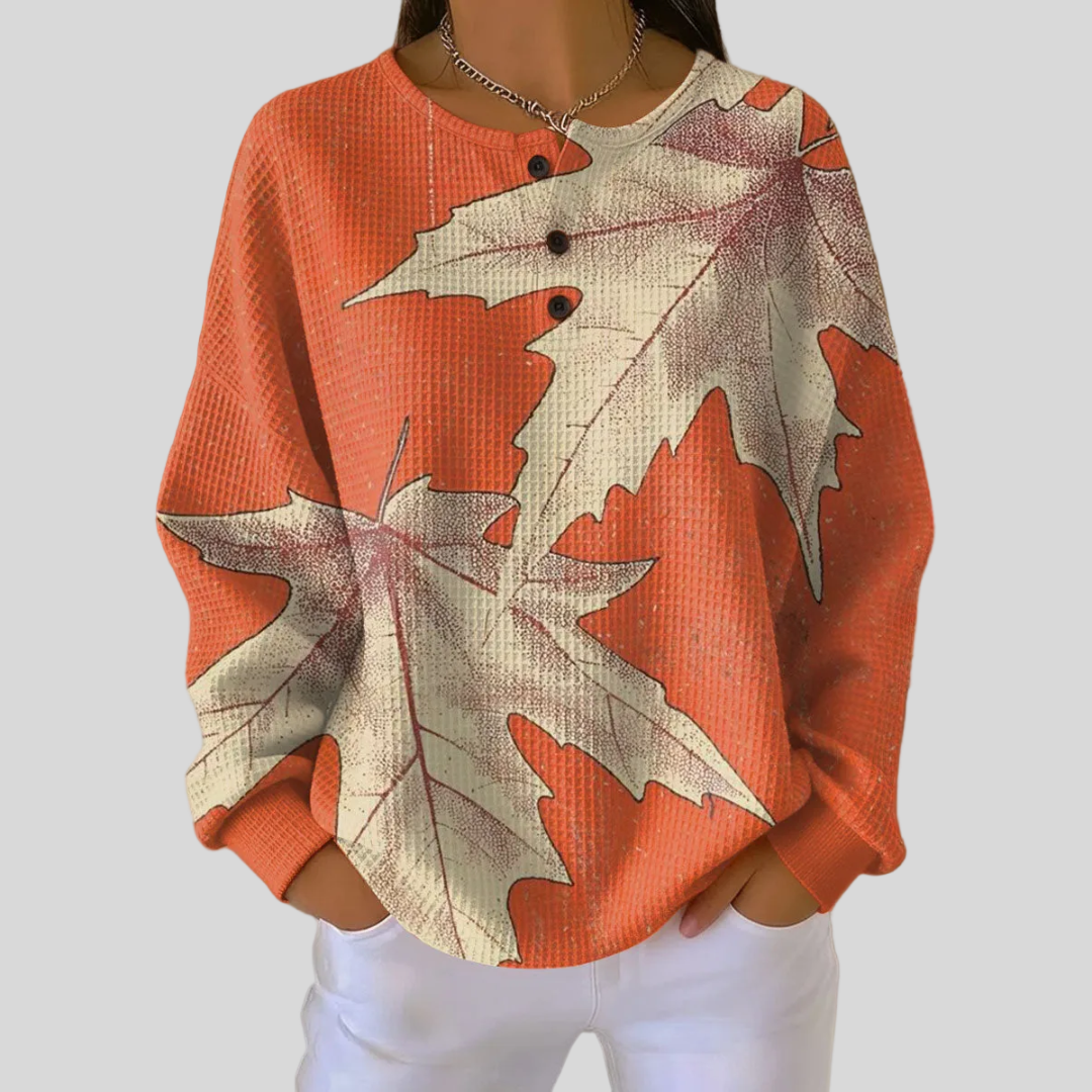 Alyssa™ | Autumn Leaf Button-Neck Sweatshirt