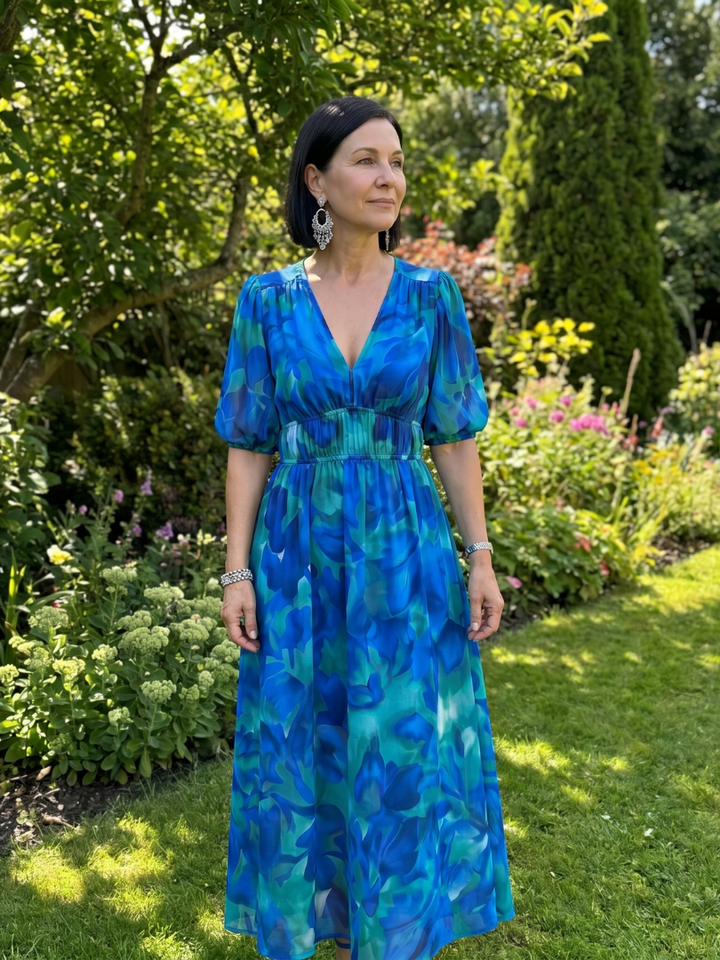 Candlia™ | Puff Sleeve V Neck Abstract Print Midi Dress