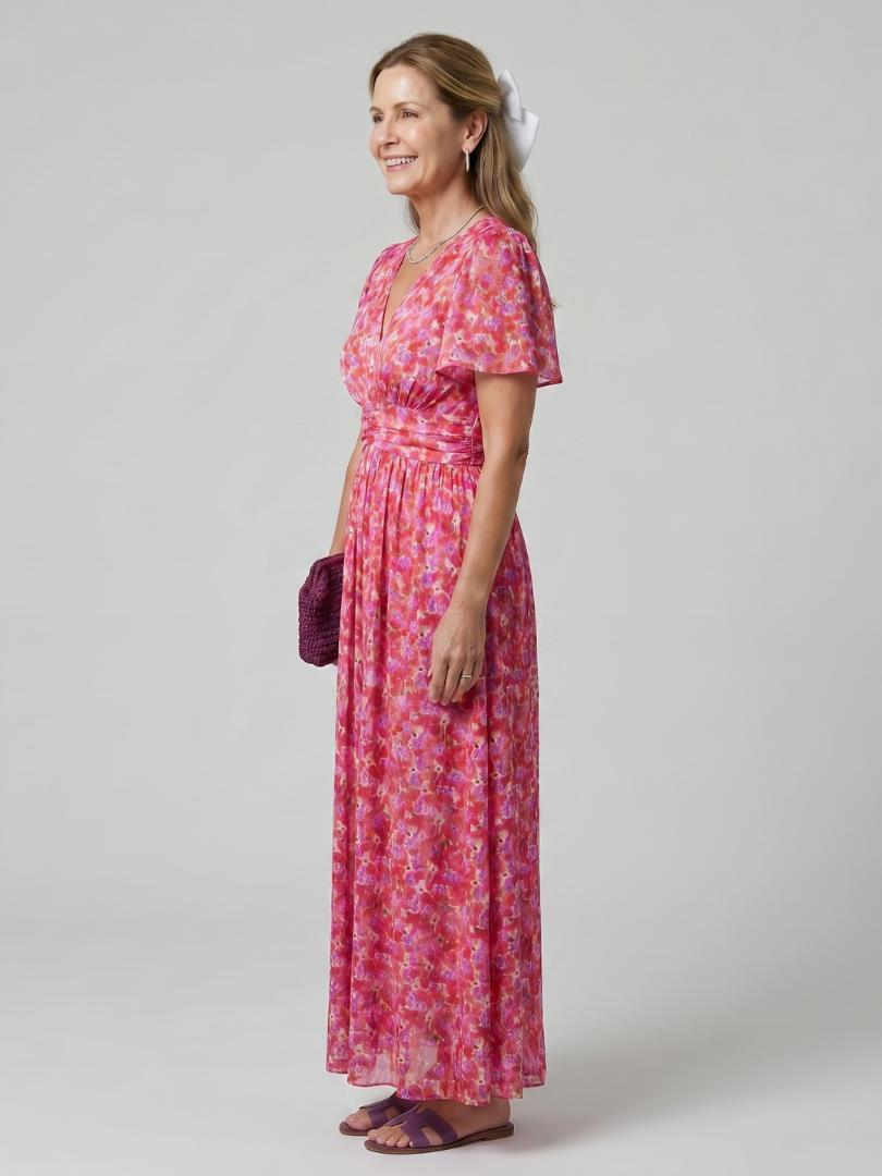 Cynthia™ | Short Sleeve Ditsy Floral Print Midi Dress