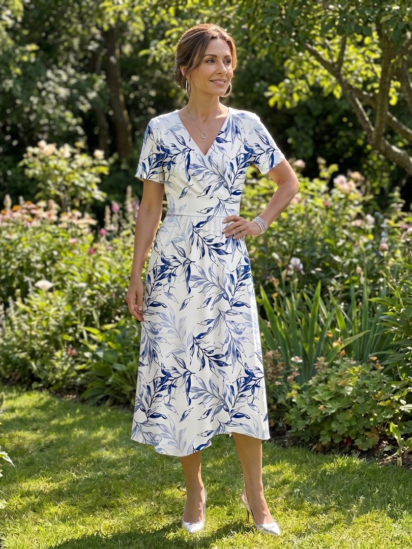 Kael™ | V Neck Soft Botanical Print Midi Dress