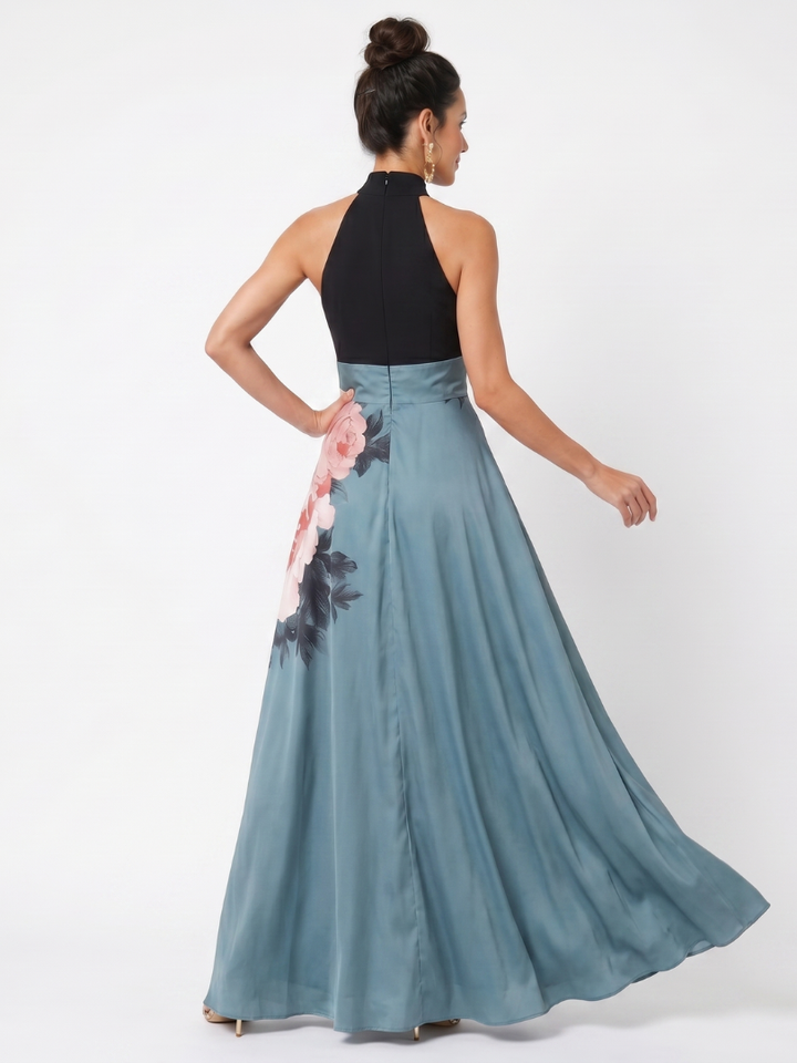 Olympas™ | Halter Bodice Floral Skirt Maxi Dress