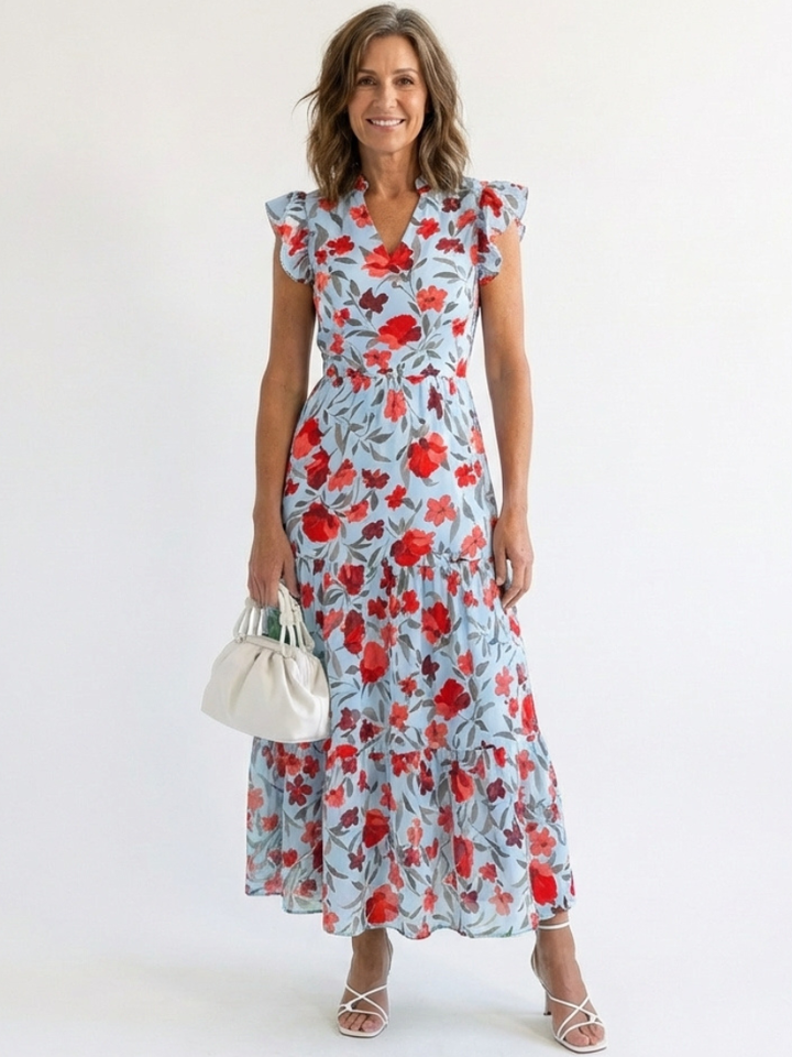 Danica™ | Floral V-Neck Tiered Midi Dress