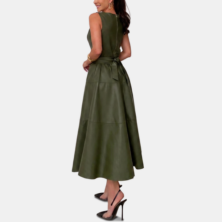 Faux Leather Belted Midi Dress
