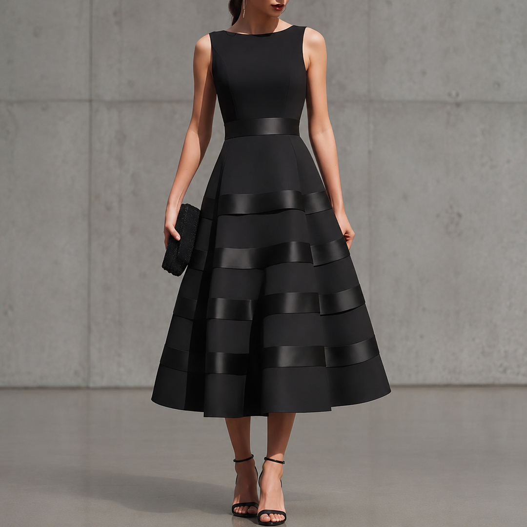 Annabella™ | Black sleeveless midi dress with flared skirt and defined waist