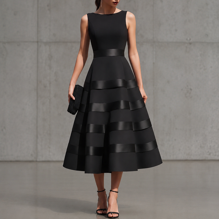 Annabella™ | Black sleeveless midi dress with flared skirt and defined waist