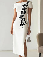 Audrey | Chic Floral Print Boat Neck Midi Dress Outfit