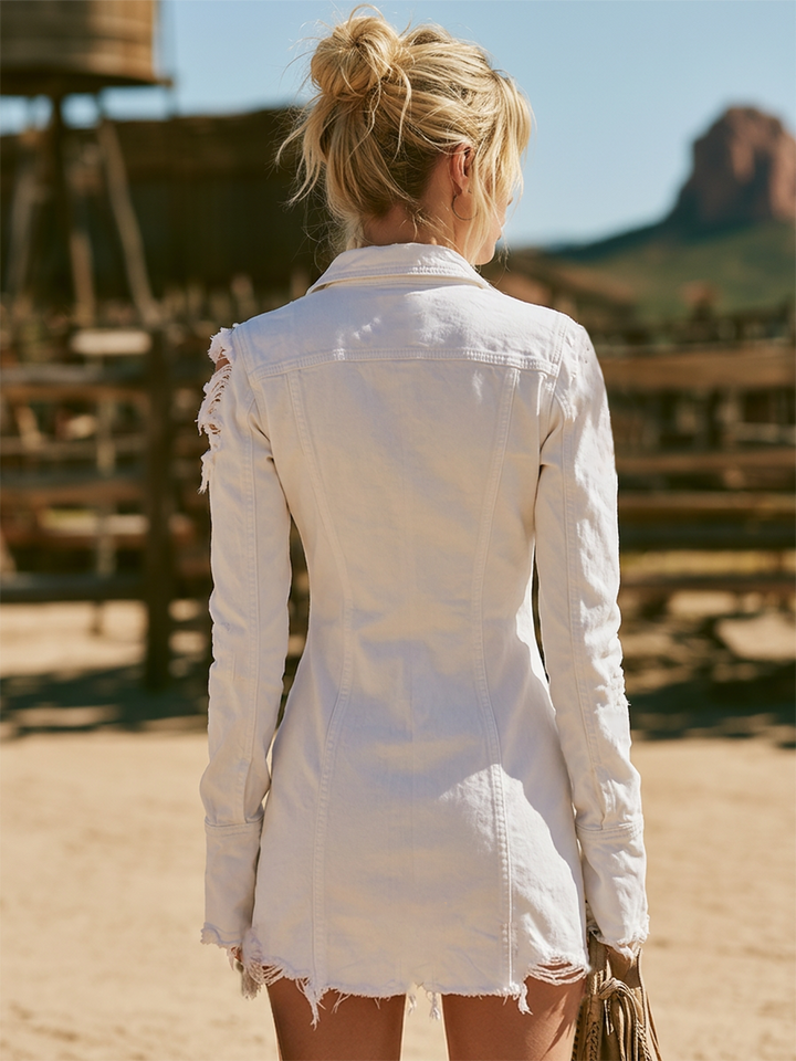 Retro-chic White Distressed Denim Collared Zip-up Long-sleeve Mini Dress