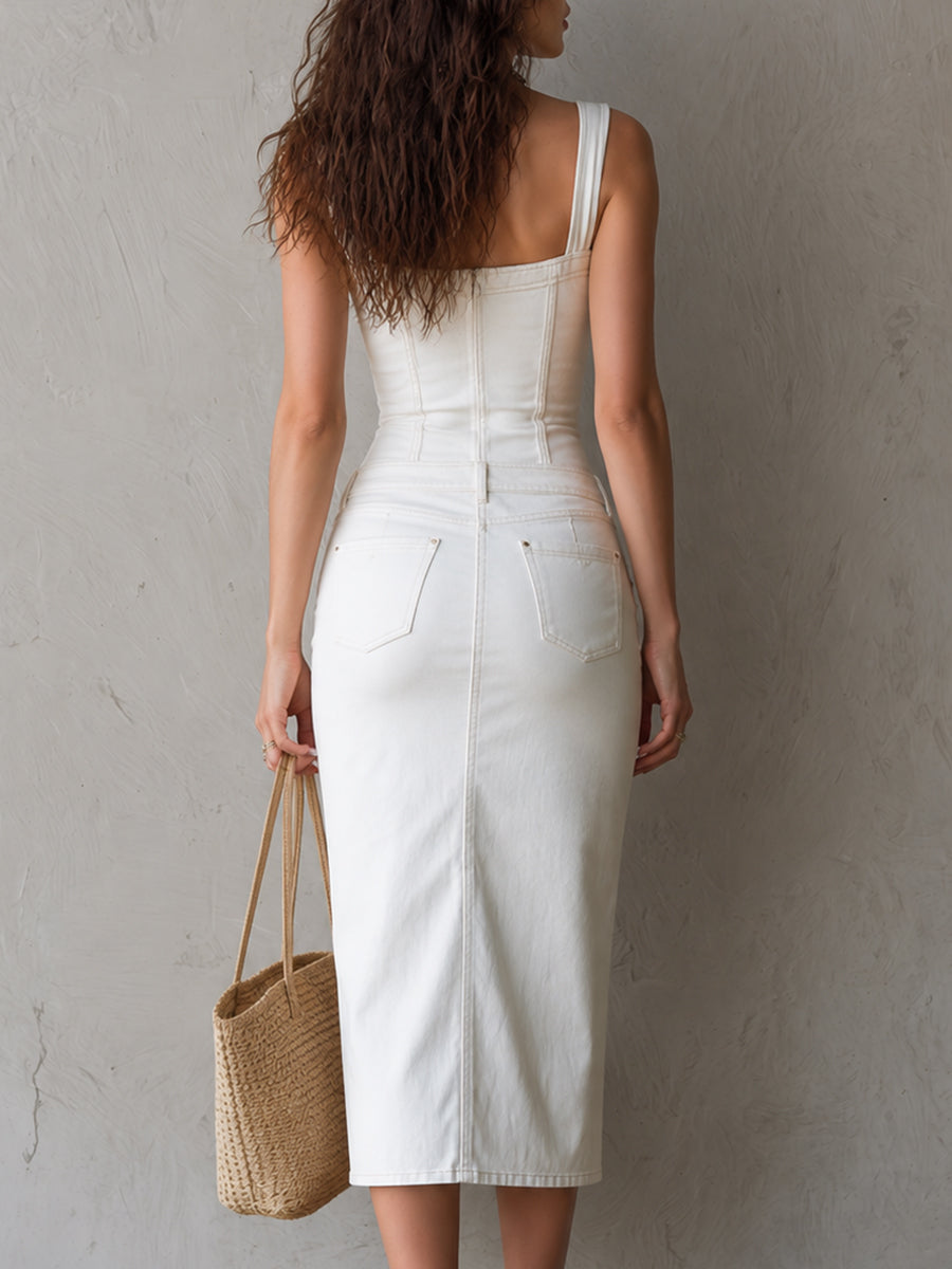 Understated luxe Square neck Button detail Slim fit Midi Dress