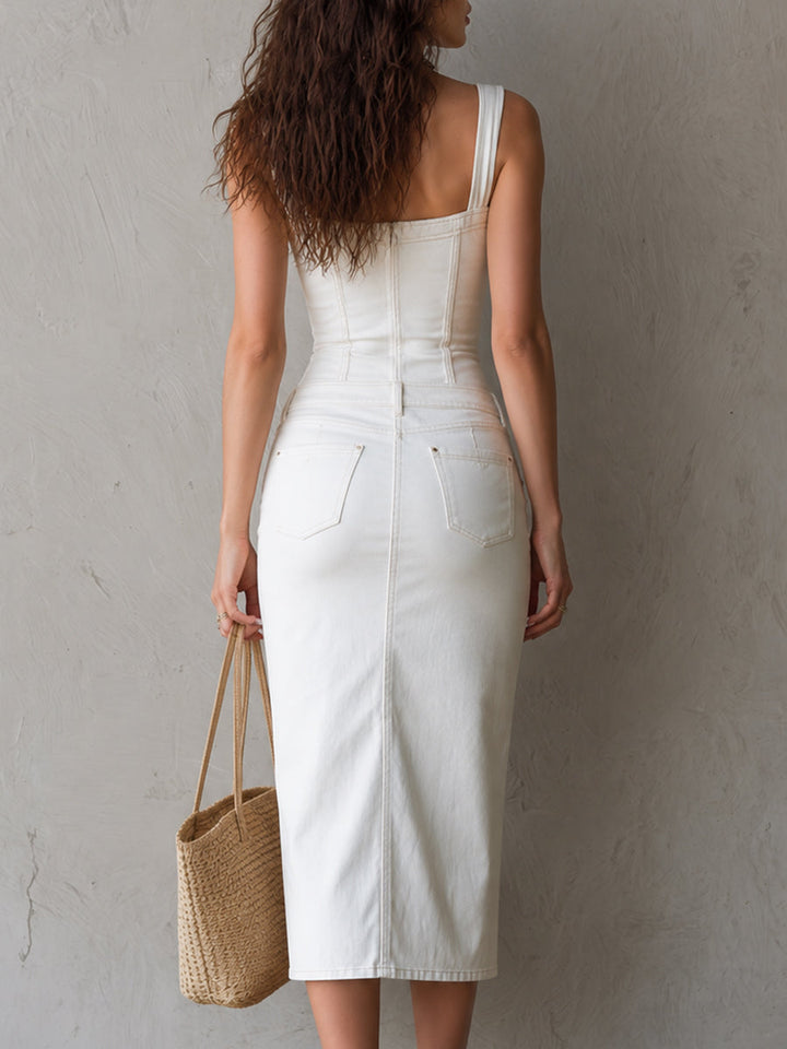 Understated luxe Square neck Button detail Slim fit Midi Dress