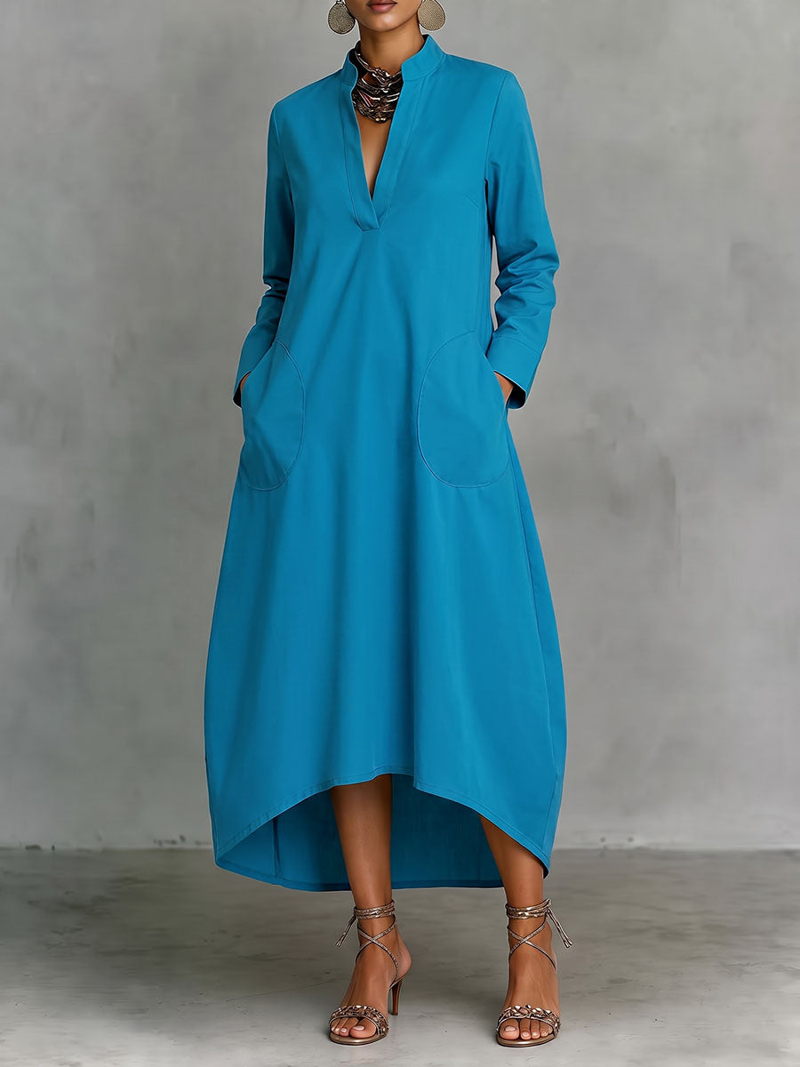 V-Neck Pocket Midi Dress
