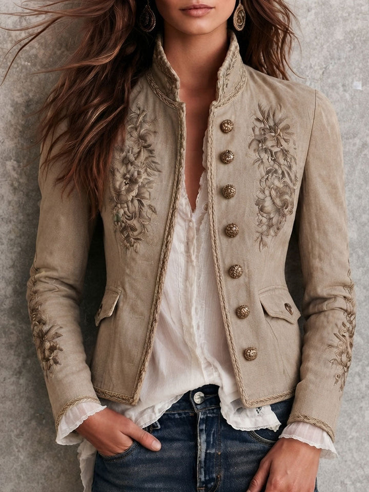 Retro Beige Stand Collar Floral Embroidery Braided Trim Jacket
