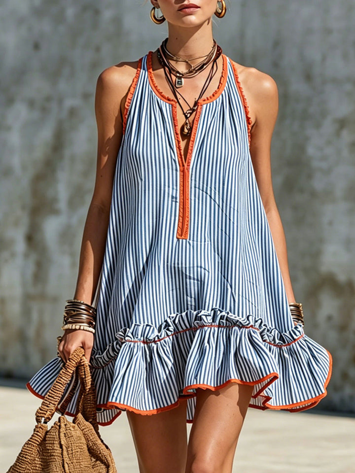 Casual Retro Ruffled Red And White Striped Cotton Linen Sleeveless Mini Dress